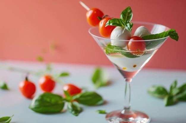 Фото Коктейль мартини капрезе с моцареллой, сыром, вишневыми помидорами и базиликом в стакане для мартини