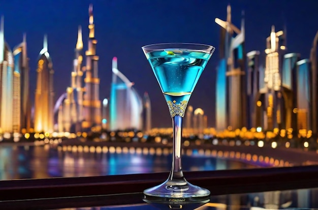 Martini drink with city lights of dubai downtown