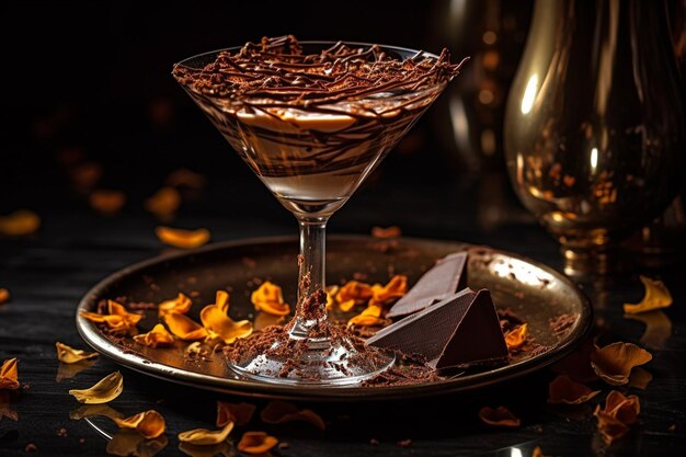 A martini glass with chocolate and a chocolate bar in the background.