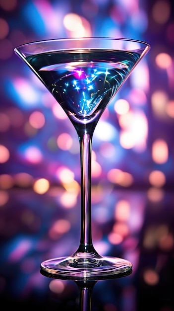 A martini glass with colorful lights in the background ai