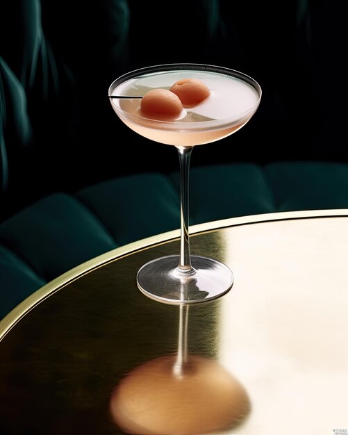 a martini glass with eggs on top of it