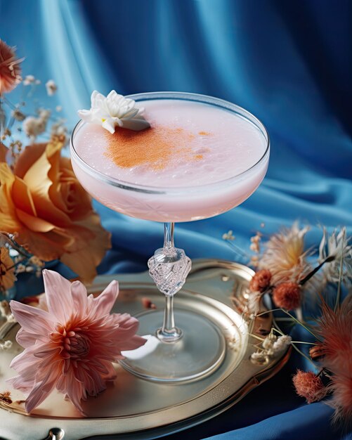 Photo a martini glass with a flower in it and a flower in the middle