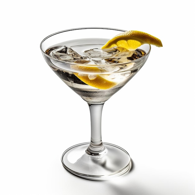 A martini glass with ice and a lemon slice on top of it.