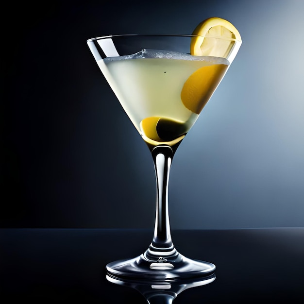 A martini glass with a lemon on the bottom.