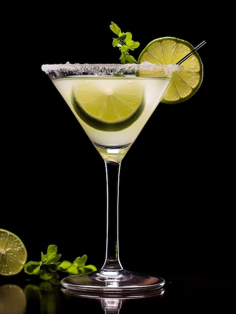 a martini glass with lime slices and lime slices on a black background