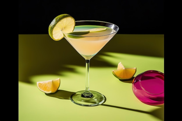 A martini glass with a lime wedge and a red cocktail in the background.