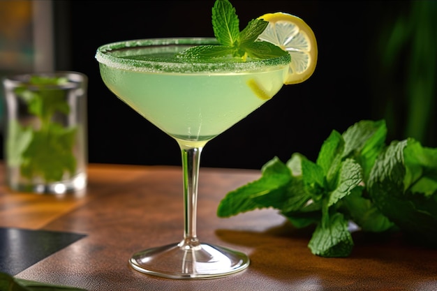 A martini glass with a mint garnish and a mint garnish.