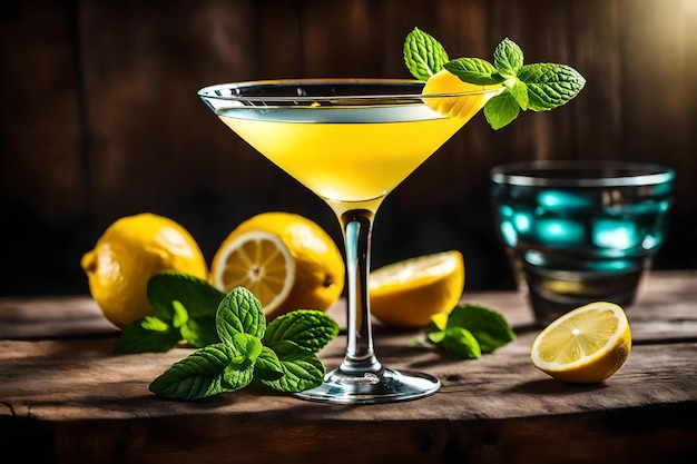 A martini glass with mint leaves and a blue bowl of lemons.