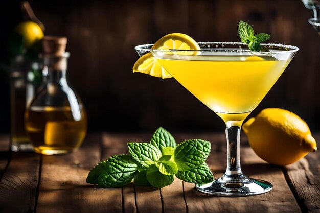 A martini glass with mint leaves and mint leaves on a wooden table.