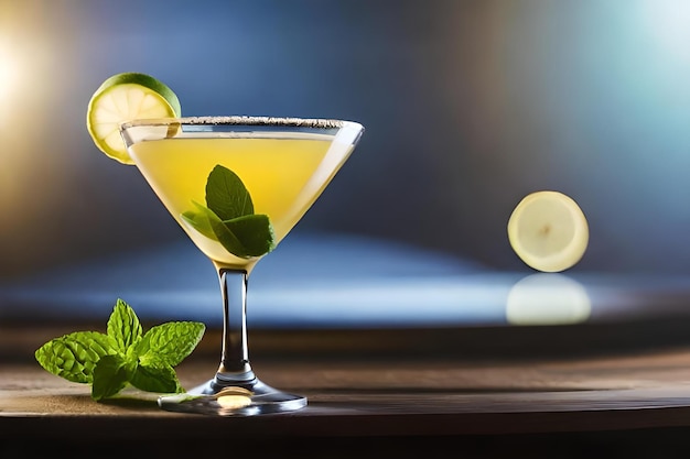 A martini glass with mint leaves and mint leaves