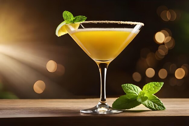 A martini glass with mint leaves and a slice of lime on the table
