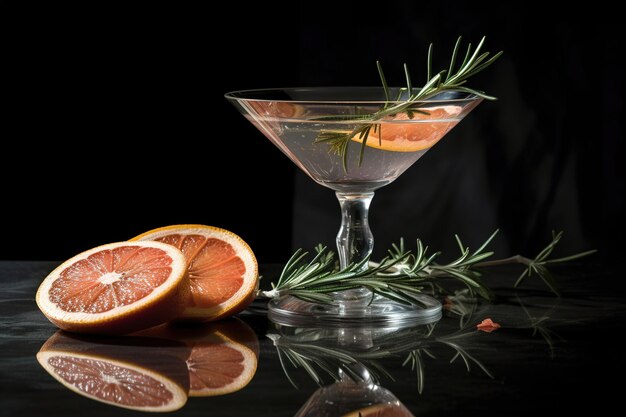 A martini glass with a rosemary sprig on it