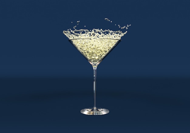 Стакан мартини с каплями воды. на синем фоне. 3d рендеринг