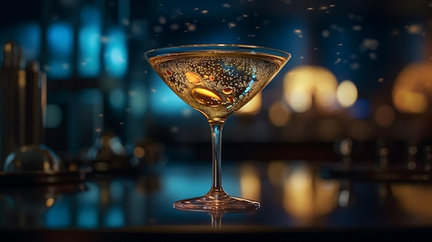 A martini glass with a yellow liquid in it