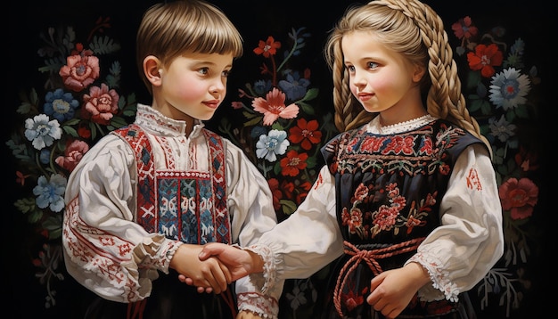 Photo martisor boy and a crossembroidered girl holding hands