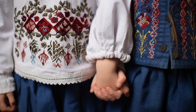 мальчик-мартисор и девушка с перекрестной вышивкой, держащиеся за руки