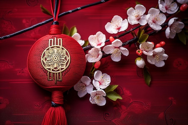 Photo martisor and cherry blossomson a red backgroundsymbol of springmarch traditioncopy space
