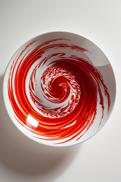 白い円盤に抽象的な赤い巻きのパターンを特徴とするマーティソールのデザイン