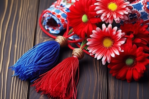 A martisor of flowers with wool pompoms on a rustic wooden background