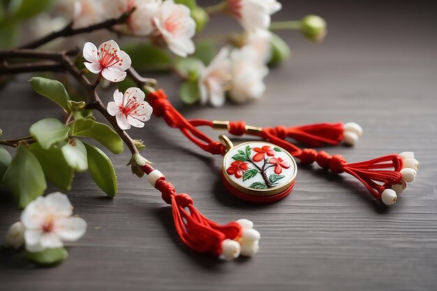 Martisor red and white yarn floss thread holiday of welcoming spring in Moldova and Romania cele