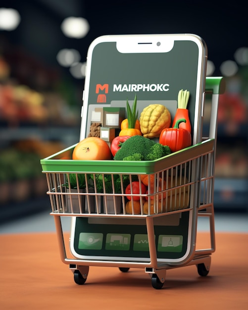 Foto martphone app-schermmodel met supermarktwinkelwagentje en dozen met kopieerruimte