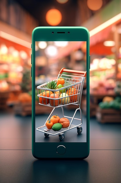 Foto martphone app-schermmodel met supermarktwinkelwagentje en dozen met kopieerruimte