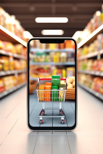 martphone app-schermmodel met supermarktwinkelwagentje en dozen met kopieerruimte