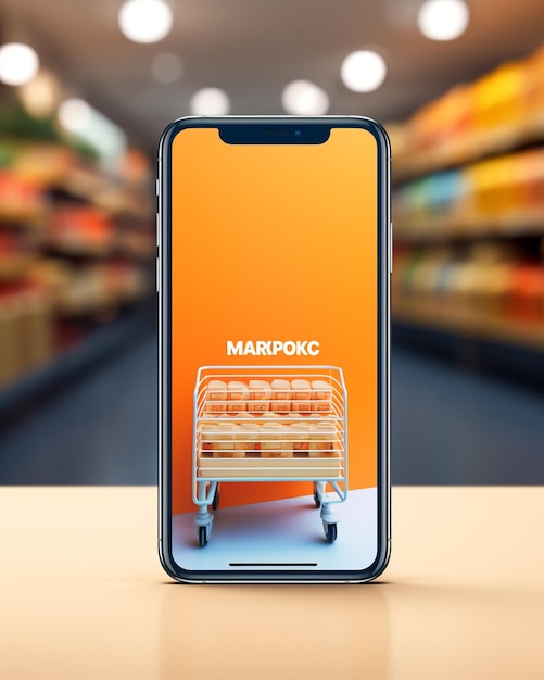 martphone app-schermmodel met supermarktwinkelwagentje en dozen met kopieerruimte