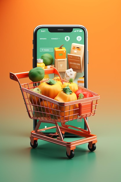 martphone app-schermmodel met supermarktwinkelwagentje en dozen met kopieerruimte