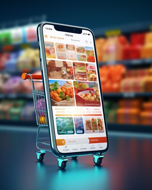 Photo martphone app screen mockup with supermarket shopping cart and boxes with copy space