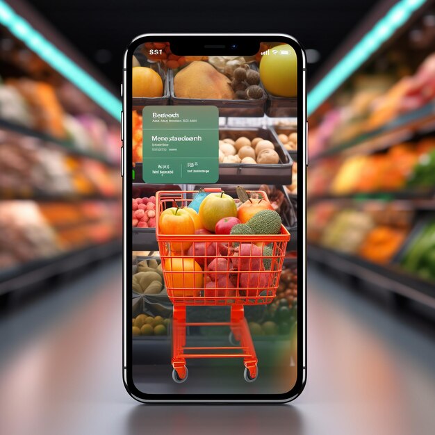 martphone app screen mockup with supermarket shopping cart and boxes with copy space