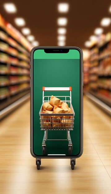 Foto mockup dello schermo dell'app martphone con carrello del supermercato e scatole con spazio per la copia