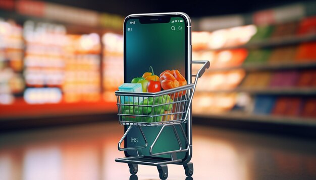 Martphone app screen mockup with supermarket shopping cart and boxes with copy space