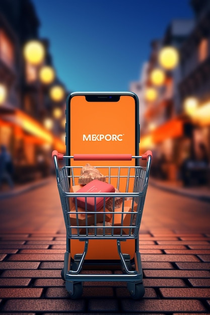 martphone app screen mockup with supermarket shopping cart and boxes with copy space