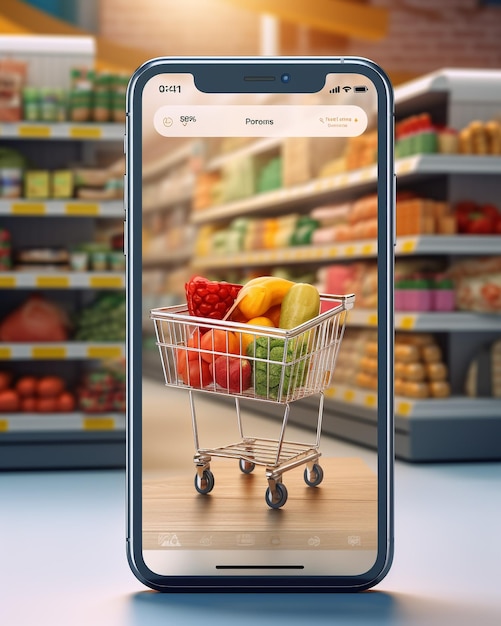 슈퍼마켓 쇼핑 카트와 복사 공간이 있는 상자가 포함된 스마트폰 앱 화면 모형