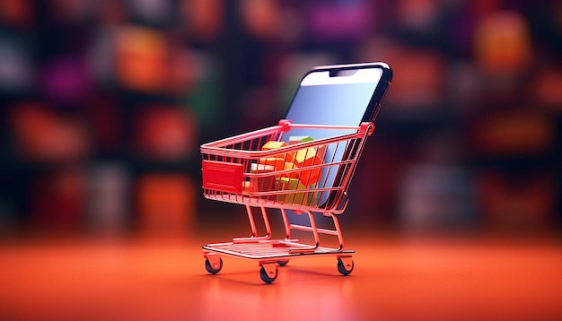 martphone app screen mockup with supermarket shopping cart and boxes with copy space