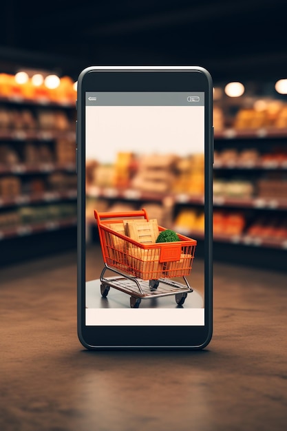 martphone app screen mockup with supermarket shopping cart and boxes with copy space