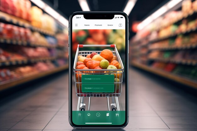 martphone app screen mockup with supermarket shopping cart and boxes with copy space