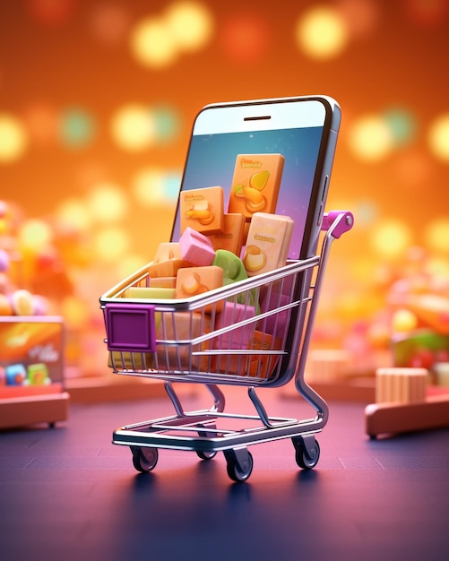 martphone app screen mockup with supermarket shopping cart and boxes with copy space