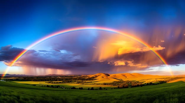 Marvel at a mesmerizing photograph that captures the beauty of a rainbow showcasing its captivating