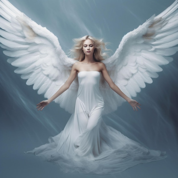 写真 巨大な羽のドレスを持つ素晴らしくてゴージャスな女性天使