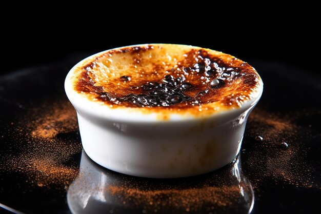 Foto meravigliosa creme brule su un piatto sfondo nero illustrazione generativa ai