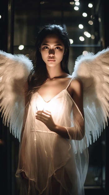 Marvelous and gorgeous woman angel with massive wings dress