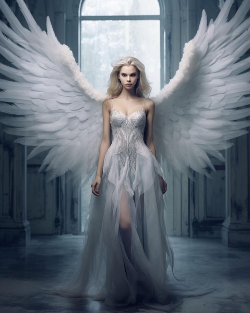 Marvelous and gorgeous woman angel with massive wings dress