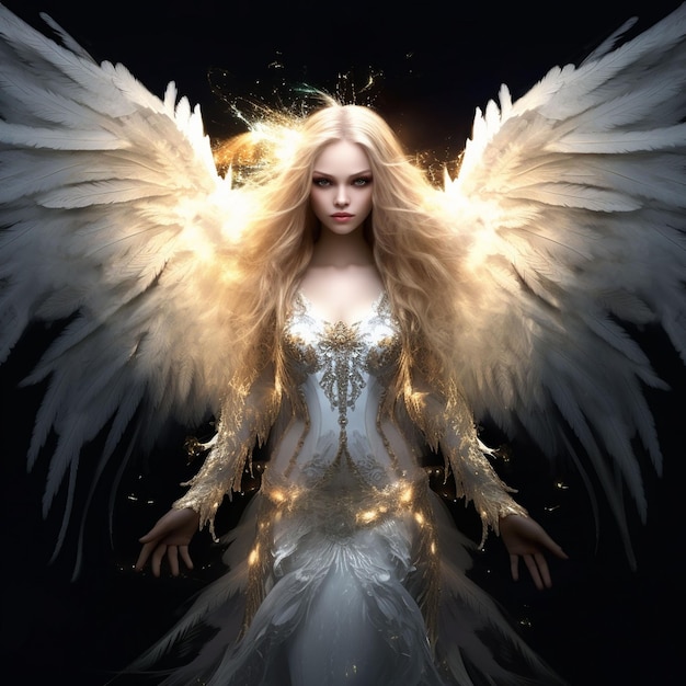 Marvelous and gorgeous woman angel with massive wings dress