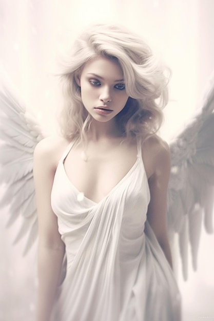 Чудесная и великолепная женщина-ангел с массивным платьем с крыльями