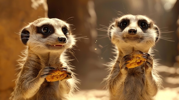 Photo marvelous merry meerkats munching on mouthwatering morsels generative ai