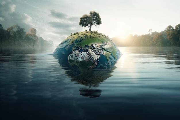 Чудесная планета Земля, погруженная в воду для концепции изменения климата Генеративный ИИ