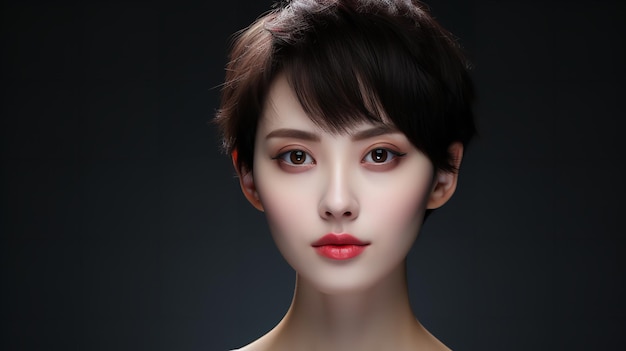 A marvelous young Chinese woman with short hair is portrayed in this portrait against a dark backdrop Generative AI