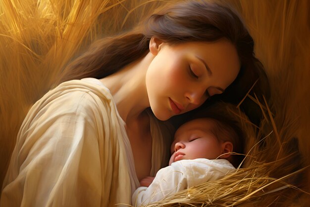 Mary and her newborn in a hayfilled manger symbolizing the Nativity of Jesus